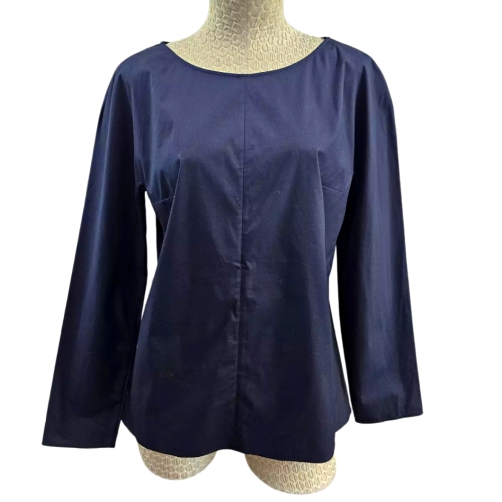Women's 12 COS Navy Blue Cotton Blend Pleated Back Poplin Blouse Shirt Top‎ Euc!